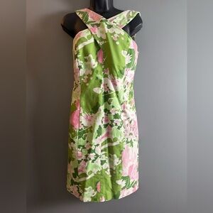 Talbots Women's Sz 4p Cross Front Floral Green/Pink Midi Dress PTP 17"‎ 🌸🌺